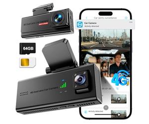 4G LTE Dash Cam with SIM Card, Live Streaming Car Security Camera Front & Cabin, 24/7 Parking Mode, AI Motion Alerts, Remote Viewing & 2-Way Talk, SD/Cloud, Anti-Theft Surveillance for Fleet & Family