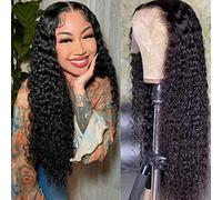 4GIRL4EVER Deep Wave Lace Front Wigs Human Hair 180% Denisty Deep Wave Frontal Wigs Human Hair Curly Wigs for Black Women Pre Plucked with Baby Hair HD Lace Deep Wave Wig Natural Black 24 Inches