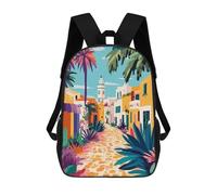 4Girls Colorful Tropical Mediterranean European Town Minimalist Art Illustration Backpack 3D Printed Boy School Backpack Casual Daypack Lightweight Rucksack for Middle School Students 17inch