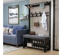4in1 Coat Rack with Shoe Storage & Bench Freestanding Hall Tree with 11 Hooks 2Tier Shoe Shelves Metal Stand Modern Design for Home & OfficeBlack & White (80cm)