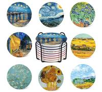4inch Round Art Painting Style Marble Coaster with Storage Rack 8pcs