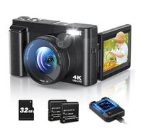 4K 48MP Digital Camera, 16X Digital Zoom, 180° Flip Screen Autofocus Vlogging Camera with Selfie, Compact Camera with 32GB Card, 2 Batteries for Beginners