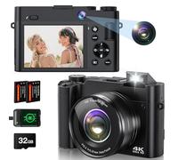 4K 64MP Auto Focus Digital Camera, Compact Vlogging Camera for Photos and Selfies with 3 Inch LCD Screen, 16x Zoom, Image Stabilisation & Flash, Includes 32GB Card, Suitable for Beginners