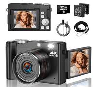 4K 64MP Digital Camera One-Touch Macro Vlogging Camera- Autofocus & 2.8” Flip Screen. 18X Digital Zoom for Beginners & Adults, Includes 32GB SD Card & 2 Batteries