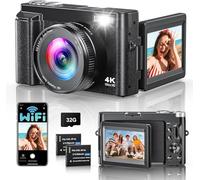 4K 64MP Digital Camera with WiFi, 16X Digital Zoom, 180° Flip Screen Autofocus Vlogging Camera with Selfie, WiFi Compact Camera with 32GB Card, 2 Batteries for Beginners