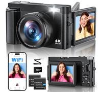 4K 64MP Digital Camera with WiFi, 16X Digital Zoom, 180° Flip Screen Autofocus Vlogging Camera with Selfie, WiFi Compact Camera with 32GB Card, 2 Batteries for Beginners