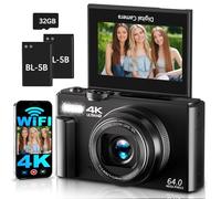 4K 64MP Digital Camera with WiFi, 180° Flip Screen Autofocus Vlogging Camera with Selfie, WiFi Compact Camera, 16x Digital Zoom, with 32GB Card, 2 Batteries for Beginners
