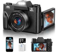 4K 75MP Digital Camera with WiFi, 3 Inch 180° Folding Display Vlogging | 2 x 1500 mAh batteries, micro SD card camera, auto focus compact camera for adults, seniors and beginners
