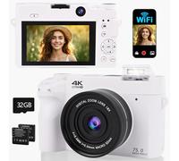 4K 75MP Digital Camera with WiFi, 3 Inch LCD Screen Photo Camera with 18X Zoom, Front and Rear Lens, 32GB Card, 2 Batteries, Compact Vlog Camera for Teens, Beginners (White)