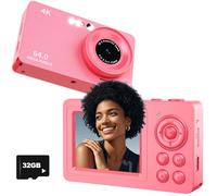 4K Digital Camera, 64MP Autofocus Point and Shoot Digital Camera with 18 Zoom, Anti Shake, 32GB Card, Portable Compact Travel Cameras for Teens Adult Beginner with Metal Shell, 2.8" IPS Screen, Pink
