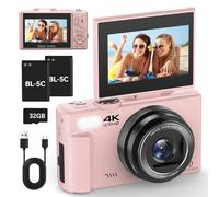 4K Digital Camera 64MP Compact Camera with Flip Screen Autofocus Vlogging Camera for Beginners, 16X Digital Zoom, with 32GB Card, 2 Batteries, Pink