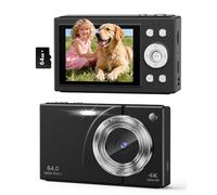 4K Digital Camera for Kids Teens Beginners, 64MP Point and Shoot Camera with 64GB SD Card, Compact Lightweight Travel Vlogging Camera with 16X Zoom & Webcam Function, Black