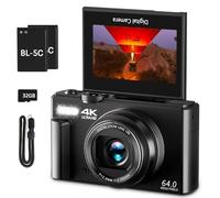 4K Digital Camera for Photography, 64 MP Vlogging Camera for YouTube with 3 Inch (7.6 cm) 180° Flip Screen, 18X Zoom Digital Camera and Shooting Camera with 32 GB Micro SD Card