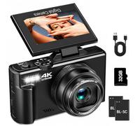 4K Digital Camera for Photography, 64MP Vlogging Camera for YouTube | Point and Shoot Camera with WiFi Sharing, 18X Digital Zoom, 3" 180° Flip Screen, 32GB Micro SD Card & 2 Batteries, Black
