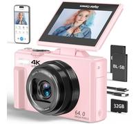 4K Digital Camera for Photography, 64MP Vlogging Camera for YouTube with 3" 180° Flip Screen, 18X Digital Zoom Point and Shoot Camara with 32GB Micro SD Card for Beginner (Light Pink)