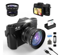 4K Digital Camera for Photography and Video, Point and Shoot Digital Cameras with Flip Screen, Wide-angle Lens, Microphone with WiFi, Vlogging Camera for YouTube Video Recording, Card Reader