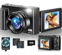 4K Digital Camera for Photography Autofocus, 48MP Vlogging Camera with Flash 16X Zoom 32G SD Card, 2 Batteries, 3" 180°Flip Screen Compact Travel Camera for Teens