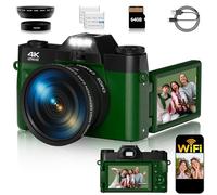 4K Digital Camera for Photography Autofocus 56MP 16X Digital Zoom with WiFi 3'' 180° Flip Screen Vlogging YouTube Video Students Compact Cameras with 2 Batteries 64GB Micro SD Card(DeepGreen)