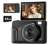 4K Digital Camera for Photography, Autofocus 64MP Vlogging Camera for YouTube with 3" 180° Flip Screen, 16X Zoom Compact Travel Point and Shoot Camera with Flash for Beginners, 64GB Card, Black