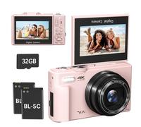 4K Digital Camera for Photography, Compact Point and Shoot Camera for YouTube, 64MP Vlogging Camera with 18X Digital Zoom, 3" 180° Flip Screen, 32GB Micro SD Card & 2 Batteries (Pink)