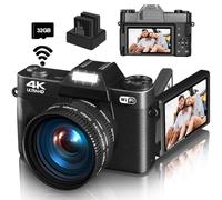 4K Digital Camera for Photography Vlogging, 56MP YouTube Camera with WiFi, 3" 180° Flip Screen, 16X Digital Zoom, 52mm Wide Angle and Macro Lens, 32 TF Card