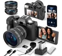 4K Digital Camera for Photography with WiFi Auto-Focus Vlogging Camera for YouTube with Flip Screen, Come with 2 Batteries, Wide & Macro Lens, MicroSD Card, Card Reader