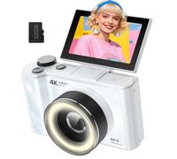 4K Digital Camera for Vlogging Photography, 64MP Autofocus Compact Cameras with Flip Screen & Ring Light, 32GB Card, Video Camera 16X Zoom Gift for YouTube Beginners (Ivory)