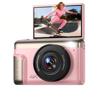 4K Digital Camera Kids for Vlogging: 64MP Compact Cameras with Flip Screen & Anti-Shake - Gift for Beginners/Teens/Adults - Mini Video Photography Cam Travel for Boys Girls Pink