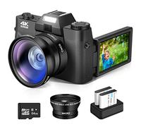 4K Digital Camera,Vlogging Camera with WiFi for YouTube,Autofocus 16X Zoom 48MP Cameras Photography 64GB SD Card,Wide Angle & Macro Lens,2 Batteries,180°Flip Screen