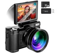 4K Digital Camera with Flip Screen and Wide-Angle/Macro Lens, 48MP HD Vlogging Camera for YouTube with 32GB SD Card - Compact Beginner Photography Cameras & Video Recording Device