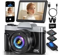 4K Digital Camera with WiFi, 64MP Autofocus Vlogging Camera Compact Travel Cameras for Photography, 3" 180° Flip Screen 16X Zoom Flash Anti-Shake, 32GB Card, 2 Batteries