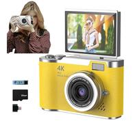 4K Foldable Screen Student Camera, 2025 New Point and Shoot Digital Cameras, FHD 4K Digital Camera for Photography with Flip Screen, 8X Zoom 48MP Digital Camera for Teens Adult (Yellow, 64GB TF Card)