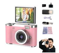 4K Foldable Screen Student Camera, Point and Shoot Digital Cameras with 32GB TF Card, Portable Camera FHD 48MP 4K Digital Camera with 8X Zoom Anti-Shake with Flip Screen (Pink, Camera Kit)