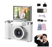 4K Foldable Screen Student Camera, Point and Shoot Digital Cameras with 32GB TF Card, Portable Camera FHD 48MP 4K Digital Camera with 8X Zoom Anti-Shake with Flip Screen (White, Camera Kit)