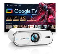 4K Projector with Google TV:3000 Brightness/Auto Lens Cap & 4D Keystone/Auto Focus & AI Voice Control, Sovboi Portable Outdoor Projector with WiFi & Bluetooth, Smart Movie Proyector for Streaming Apps
