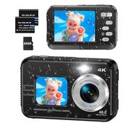 4K Underwater Camera with 64 GB Card, 3.3 m Waterproof Camera Dual Screen Selfie Underwater Cameras for Snorkelling 16X Digital Zoom Waterproof Digital Camera 2 Batteries (Black)