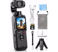 4K Vlogging Camera with 330° Rotating Lens & Face Tracking, 65MP Pocket Camera with WiFi, 6-Axis Stabilization, Touch Screen, 64GB TF Card & Tripod, Handheld POV Cam for YouTube TikTok Travel