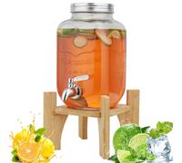 4L Glass Beverage Dispenser with Tap, Drink Dispenser with Bamboo Stand for Parties and Weddings