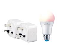 4lite Wiz Connected 3-Pin UK Smart Plug Twin Pack with A60 Multicolour Dimmable E27 Large Screw Smart Bulb