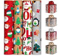 4M Christmas Wrapping Paper Rolls Pack of 4 - Festive Gift Wrap with Santa, Snowman, Reindeer, Penguin and Holiday Icons - Recyclable Paper for Presents, Crafts and Decorations