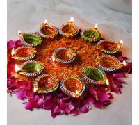 4OUR Faith 12 Pc Multicolor Decorated Chalk Work Beetle Leaf Shape Clay Diya Diwali Pooja Handmade Dia Natural Mitti Indian Gift Item