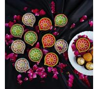 4OUR FAITH 12 Pc Terracotta Handpainted Diya Set - Multicolor Decorative Clay Diyas for Diwali Pooja & Thanksgiving Celebrations | Unique Indian Gift Item | Natural Mitti Earthen Diyas