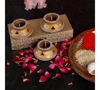 4OUR FAITH 6 Pc Matki Wax Filled Diya Set: Colorful Golden Handpainted Terracotta Diyas for Diwali Pooja & Decoration | Natural MITTI Dia | Unique Indian Gift for Deepawali Celebrations - Golden