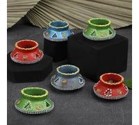 4OUR FAITH 6 Pc Matki Wax Filled Diya Set: Colorful Handpainted Terracotta Diyas for Diwali Pooja & Decoration | Natural MITTI Dia | Unique Indian Gift for Deepawali Celebrations