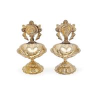 4our Faith Brass Shankh and Chakra Diya for Puja Aarti Shankha Chakra Villaku for Traditional Indian Festive Diwali Pooja Dia Home Temple Decoration Oil Wick Lamp Virgin Brass Metal - Pack of 2 (L)