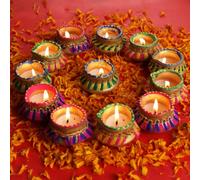 4OUR FAITH NEW Multicolor Clay MATKI Wax Filled Diya with Decorative Fabric Borders | Diwali PUJA Pooja Handmade Dia | Terracotta EARTHEN Diya Handpainted | 2026 Latest Design Diya - Pack of 12