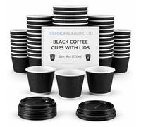4oz Espresso Extra Small Black Disposable Kraft Paper Ripple Cups with Lids - Pack of 100 Insulated Triple Wall Takeaway Drinking Cup - Great for Coffee, Tea, and Hot Drinks - Reusable Paper Cups