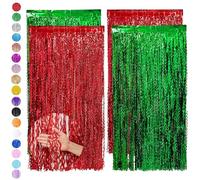 4P 3.2ft x 6.5ft Laser Foil Curtain Christmas Decoration,Red Green Wavy Tinsel Curtain Party Backdrop Glitter,Foil Fringe Streamers Metallic Tinsel Door Hanging Foil Flow Silk Streamers for Xmas Party