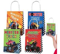 4P Monsters-Truck Gifts Paper Bags with Handles,Racing Truck Theme Paper Kraft Paper Gift Bags for Monsters Themed Gift Boxe,Racing Car Candy Treat Goodie Bags for Boys Kids Birthday Party Accessories