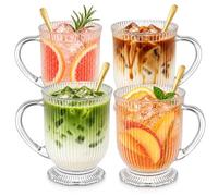 4Pack 16 oz Glass Coffee Mugs, Glass Coffee Cups with Handles and Spoons | Clear, Thick Glass, Ribbed, Gold Spoons